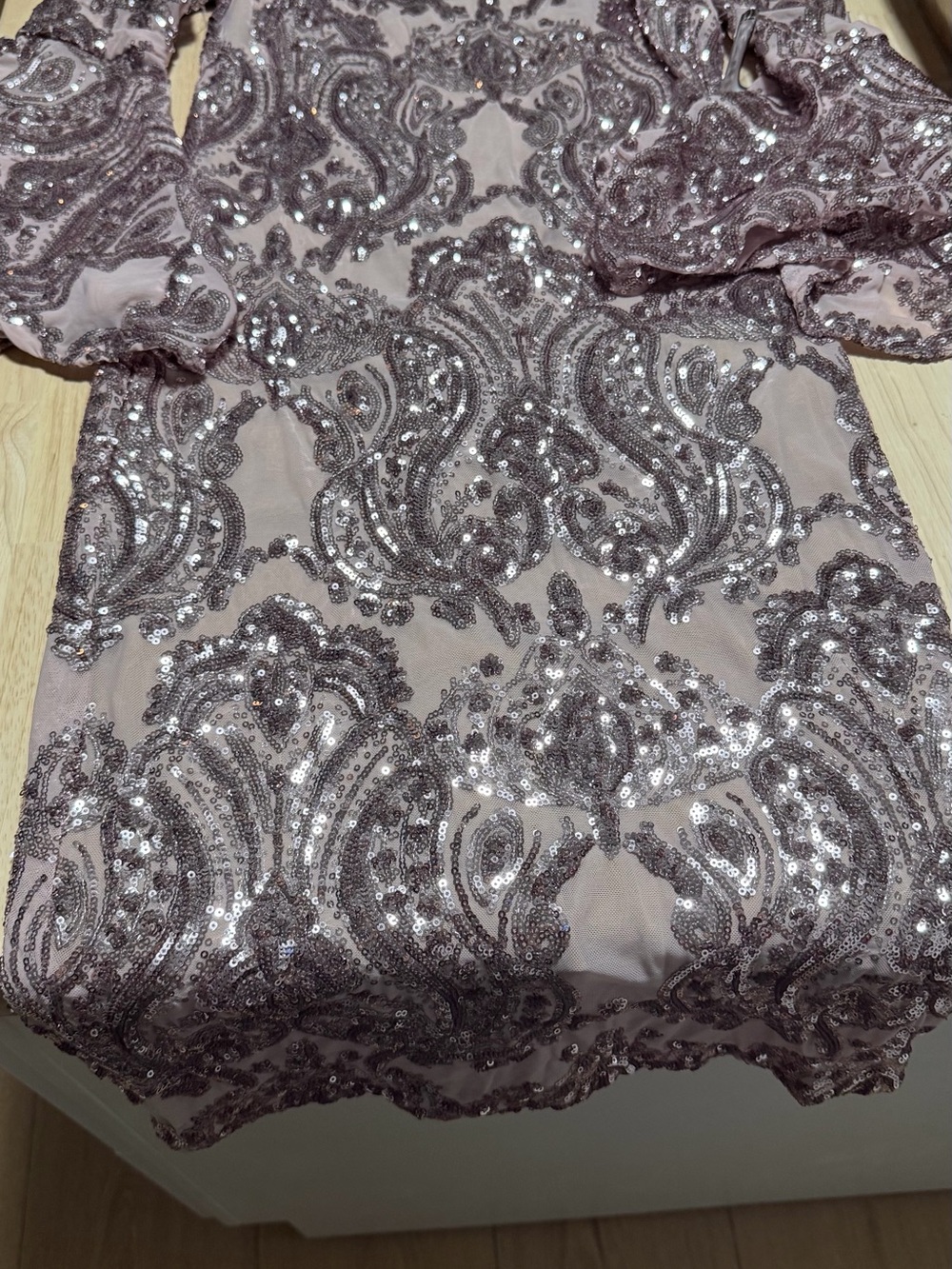Embellished Blush Sequin Long Sleeve Dress - Picture 6 of 6